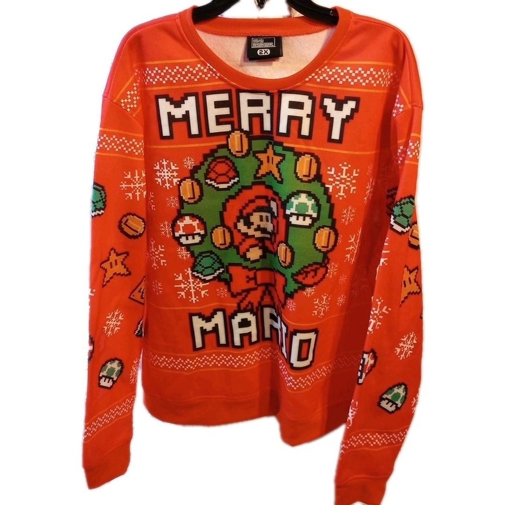 Merry Mario Ugly Christmas Sweater Super Mario Bros Wreath Sweatshirt Mens 2X